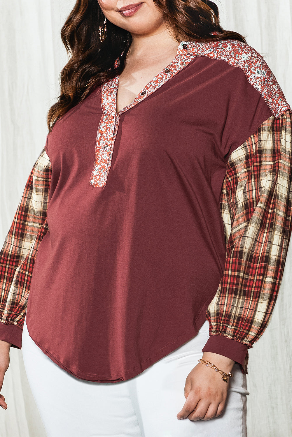 Red Dahlia Mixed Print Half Buttons Plus Size Pullover Top