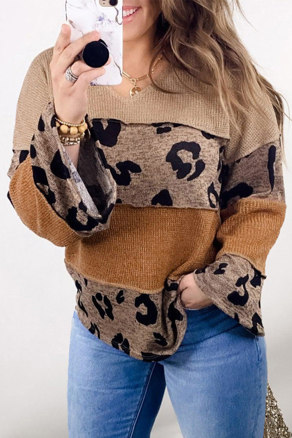 Plus Size Leopard Colorblock Patchwork Wide Sleeve Top