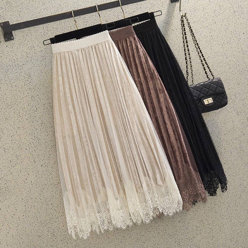 Lace Patchwork Pleated Velvet Midi Skirt