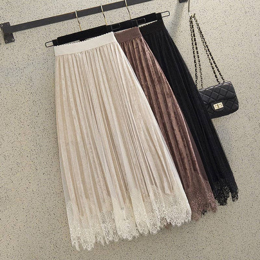 Lace Patchwork Pleated Velvet Midi Skirt