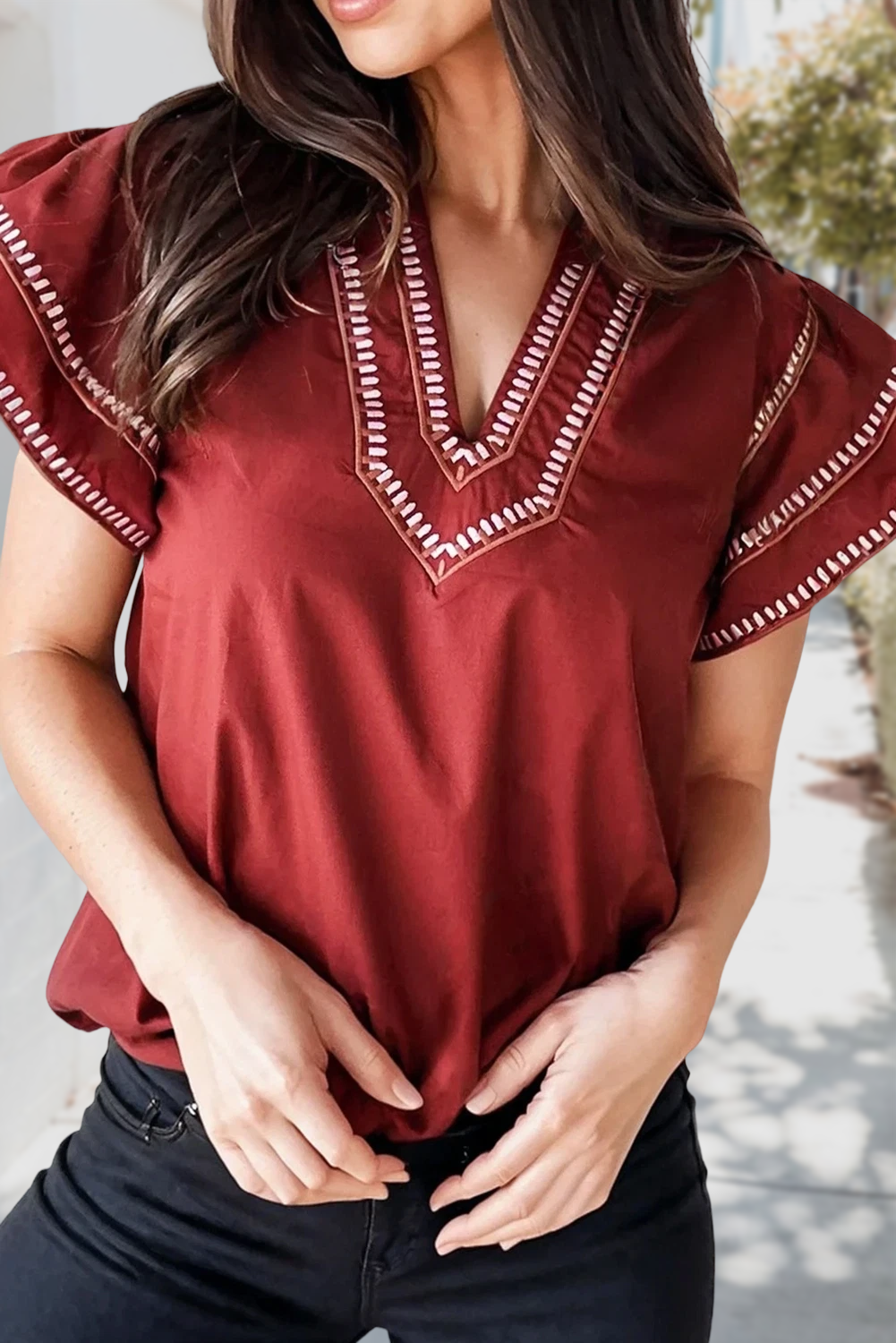 Clay Contrast Trim Flutter Sleeve V Neck Blouse